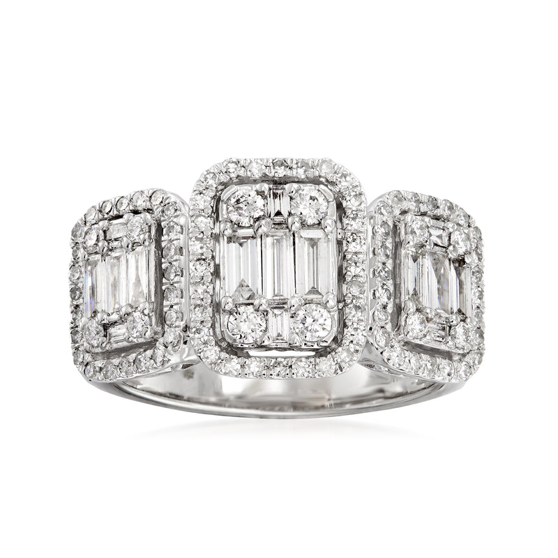 18kt white gold diamond ring with emerald-cut center and baguette side stones