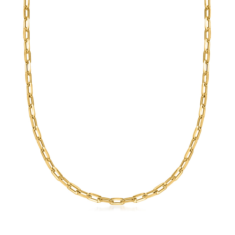 14kt yellow gold paper clip link necklace with smooth oval paper-clip links.