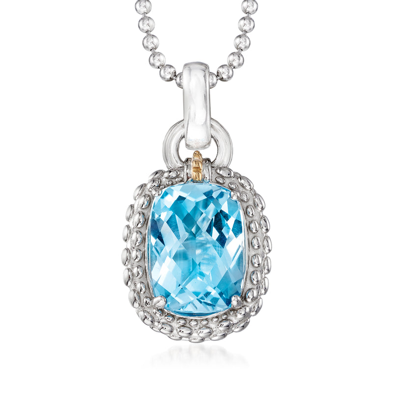 Sterling silver pendant necklace with blue topaz gemstone in yellow gold accent