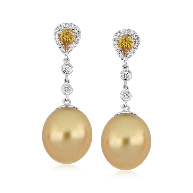 Cultured South Sea golden pearl drop earrings with diamond halo tops in white gold
