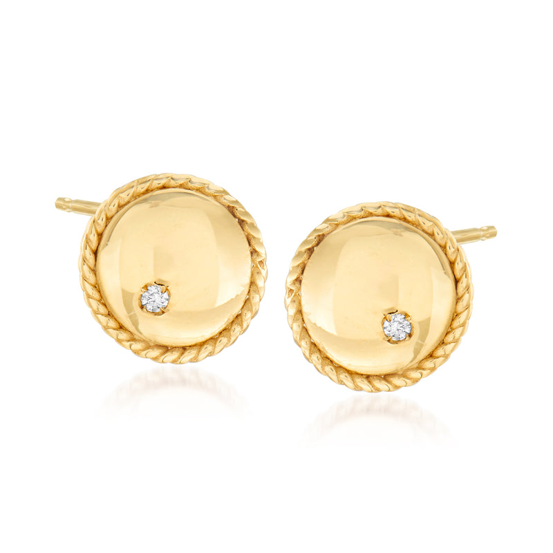 14kt yellow gold rope-edge stud earrings with round diamonds, circular bezels