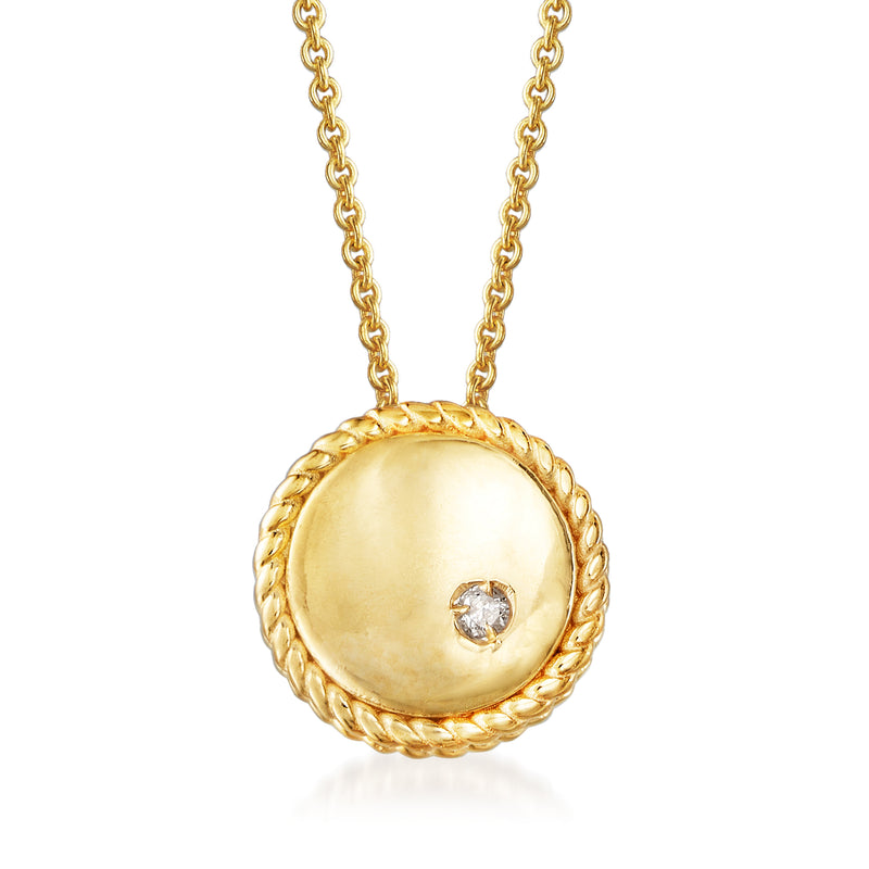 Yellow gold circle pendant necklace with rope border and single diamond center