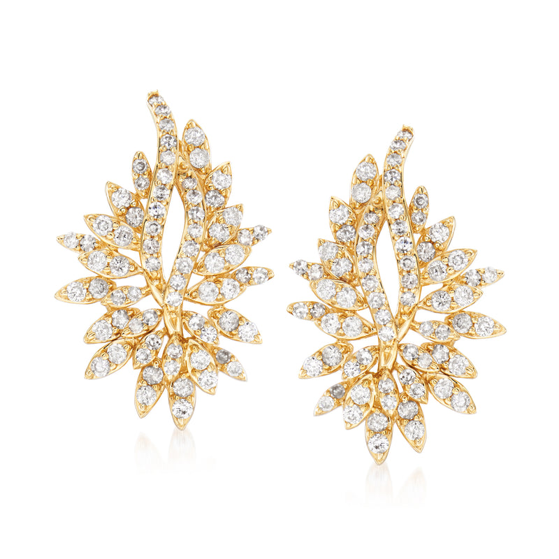 14kt yellow gold diamond cluster earrings with leaf-like marquise and round stones
