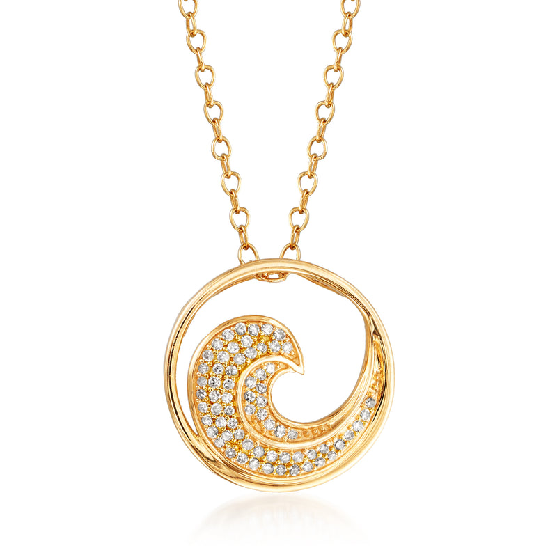 14kt yellow gold wave diamond pendant with round pave halo and link chain