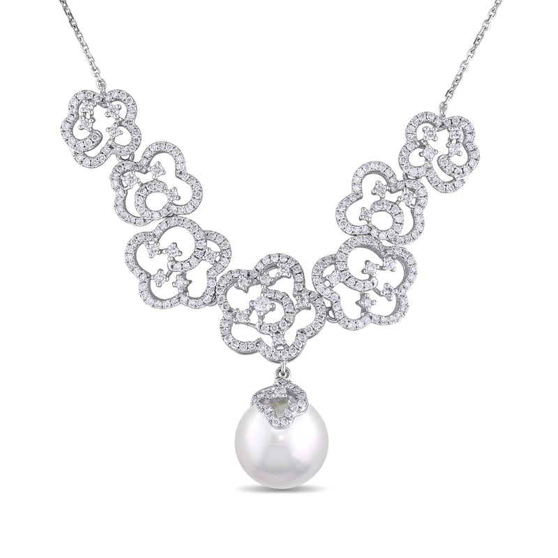 14kt white gold diamond necklace with cultured South Sea pearl drop and clover motifs
