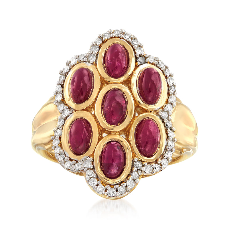 Gold-toned cluster ring with oval ruby-style stones and round diamond accents