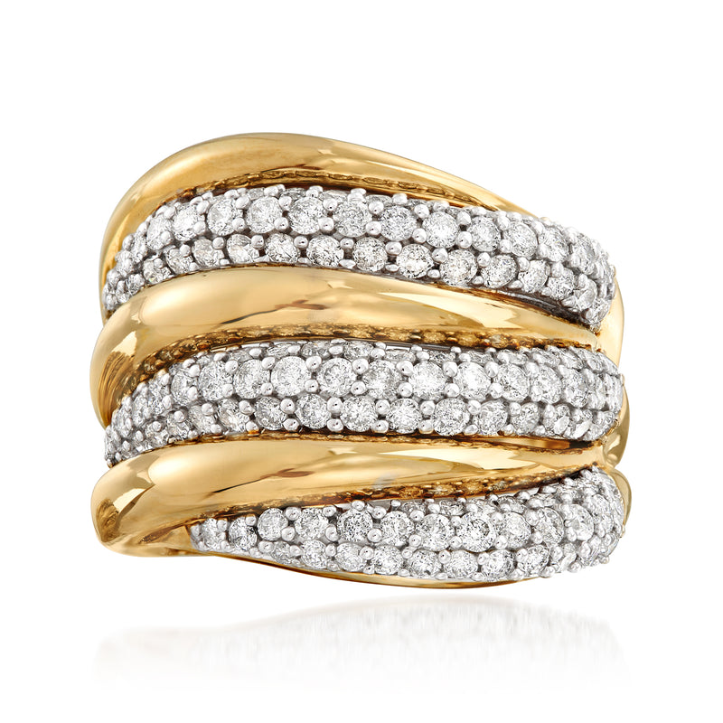 14kt yellow gold diamond ring with three pavé diamond rows