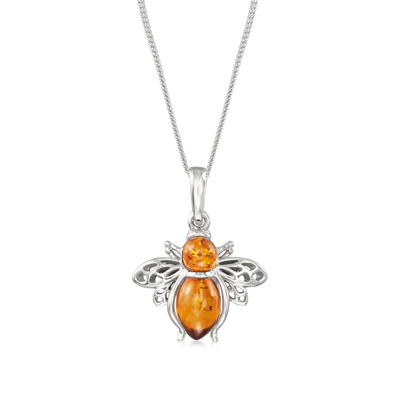 Sterling silver amber bumblebee pendant necklace with orange teardrop amber center