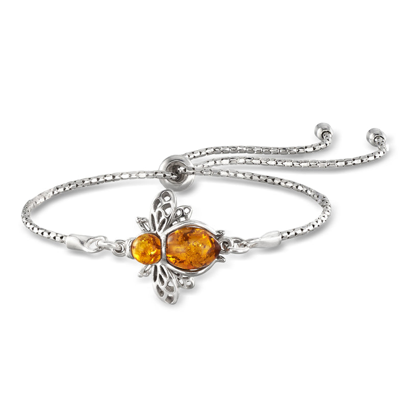 Sterling silver bolo bracelet with amber bumblebee charm and adjustable slider ends
