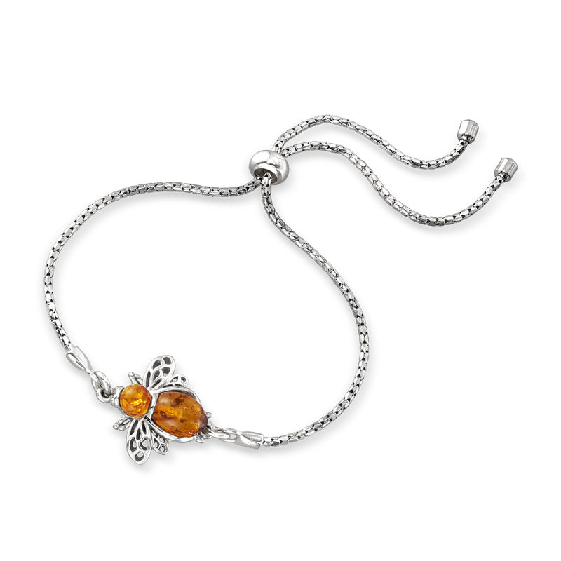 Sterling silver bolo bracelet with amber bumblebee charm and toggle-adjusted cord