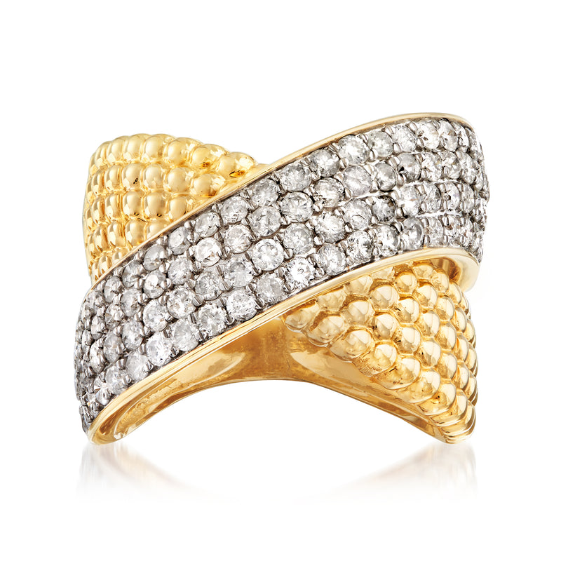 14kt yellow gold diamond X ring with channel-set round stones, three-band design