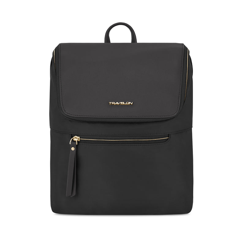 Black anti-theft backpack with top handle, front flap pocket, and zip pouch