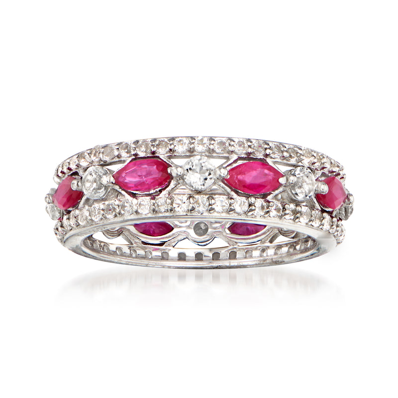Sterling silver eternity ring with oval red ruby gemstones and clear white stones