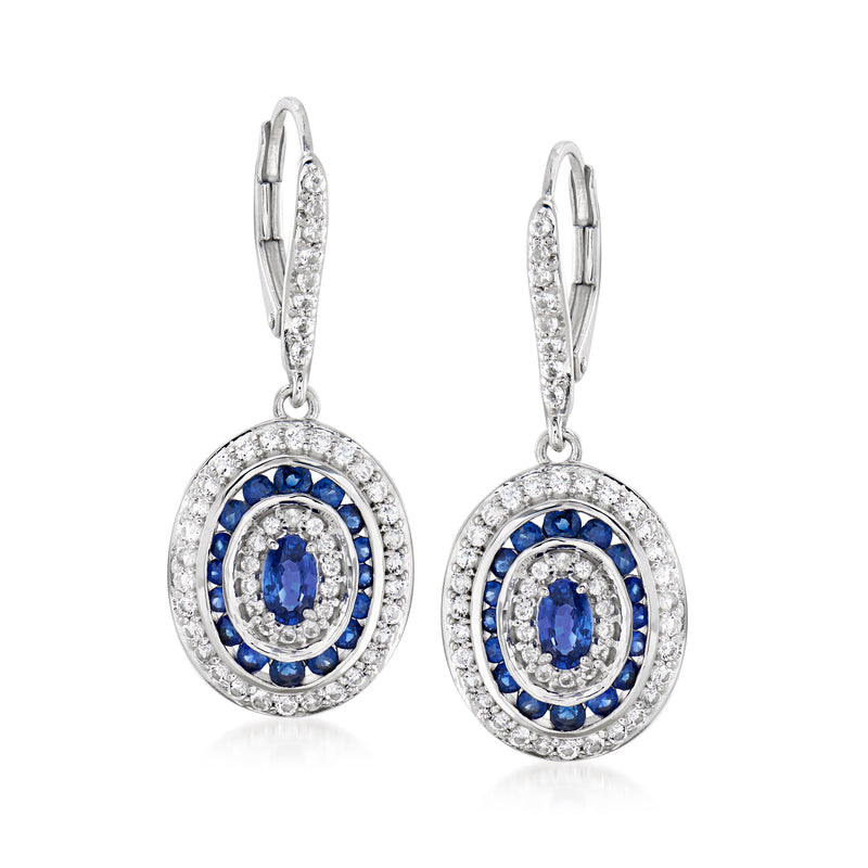 Sterling silver leverback drop earrings with blue oval center stones and white halo details