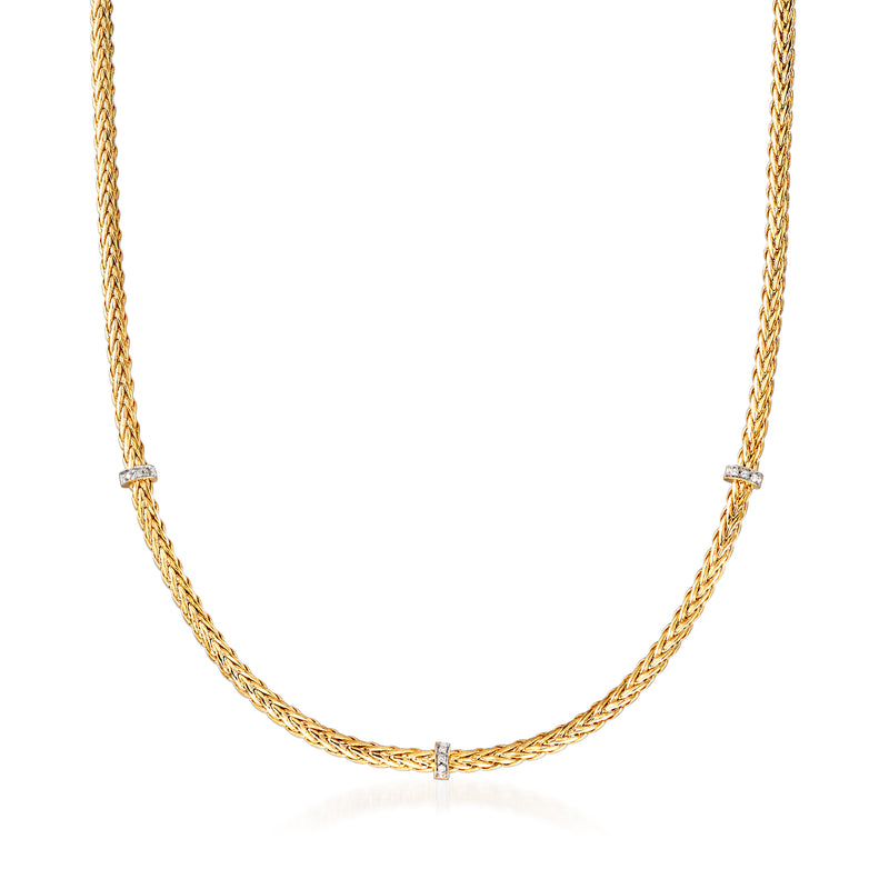 14kt yellow gold woven chain diamond station necklace, small center links