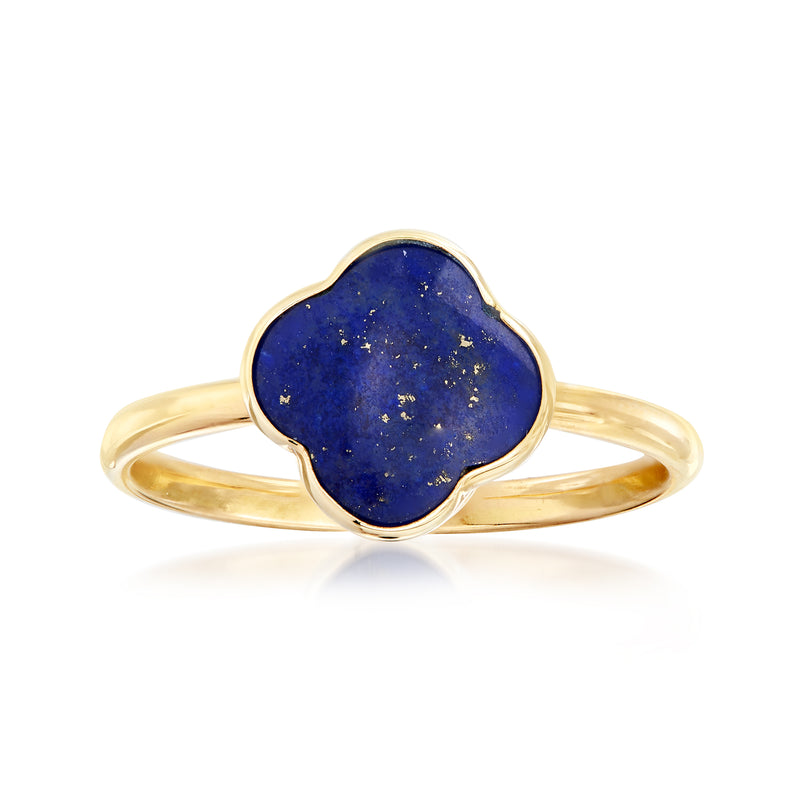 14kt yellow gold clover ring with lapis lazuli oval stone