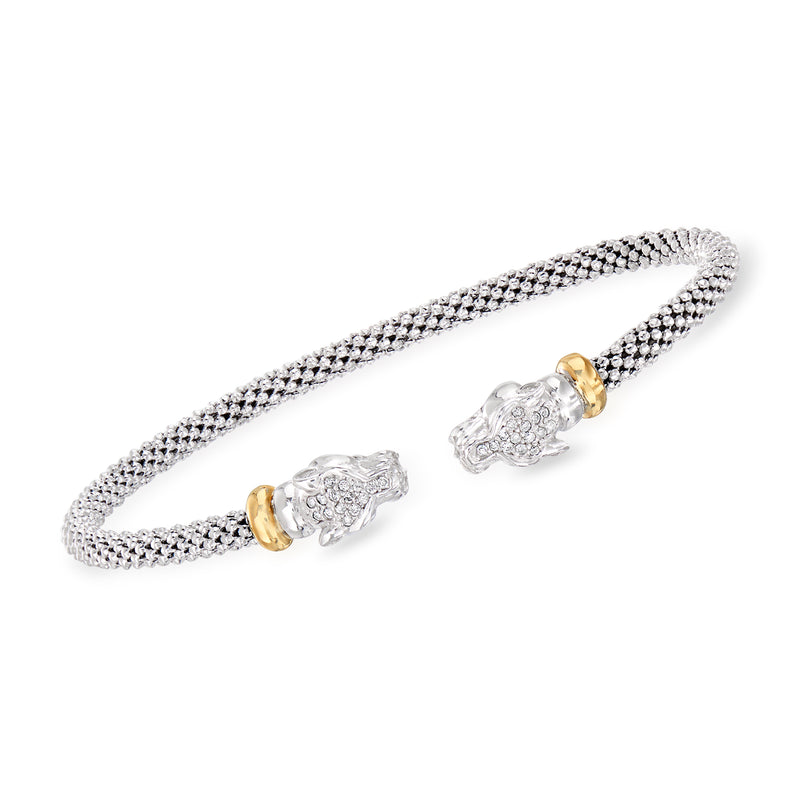 Sterling silver cuff bracelet with diamond panther head motifs and yellow gold accents