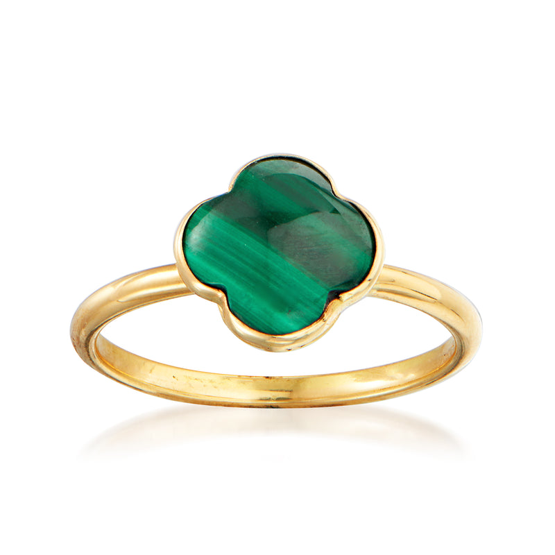14kt yellow gold ring with green malachite clover-shaped gemstone setting
