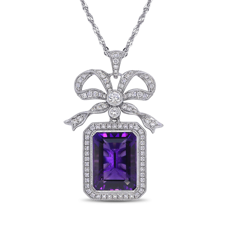 14kt white gold pendant necklace with square amethyst gemstone and diamond accents