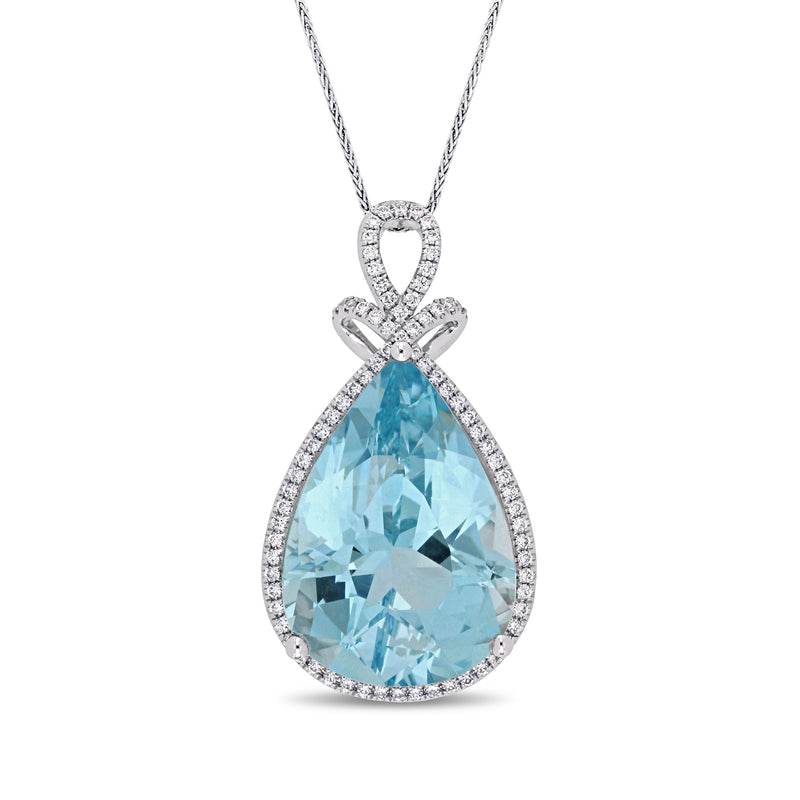 14kt white gold pendant necklace with pear-cut blue topaz and diamond halo