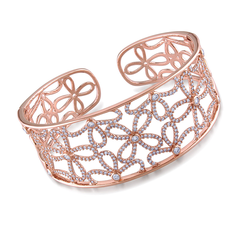 14kt rose gold diamond cuff bracelet with floral openwork design