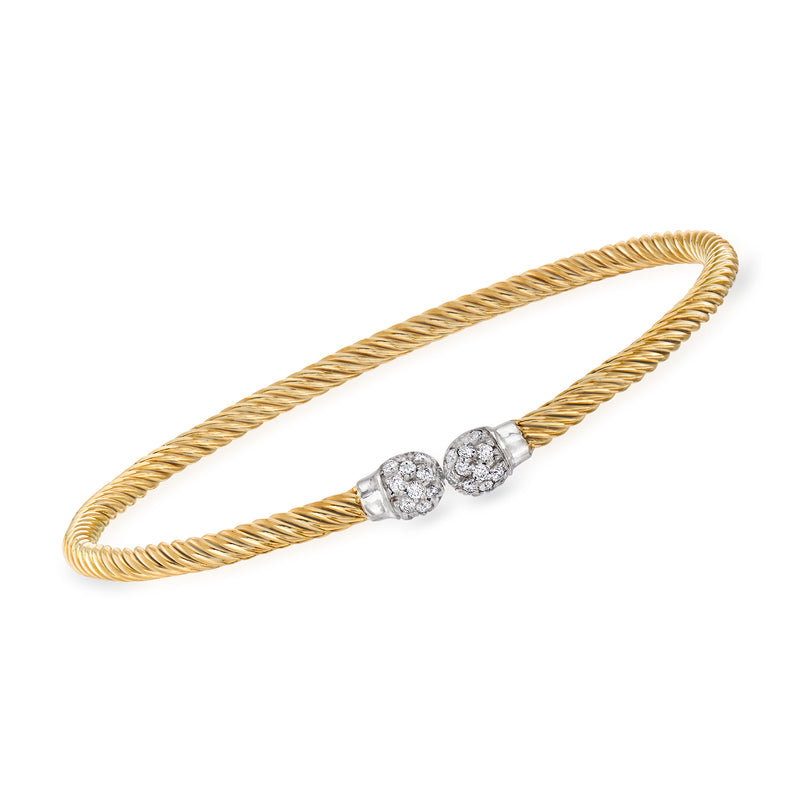 Two-tone gold cable cuff bracelet with three round diamond clusters
