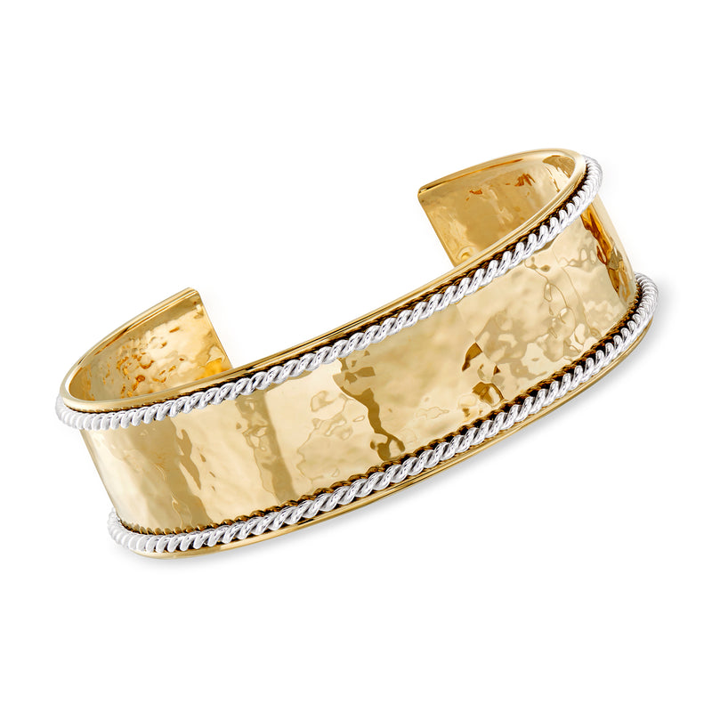 Two-tone gold cuff bracelet with Italian cable trim and polished gold top