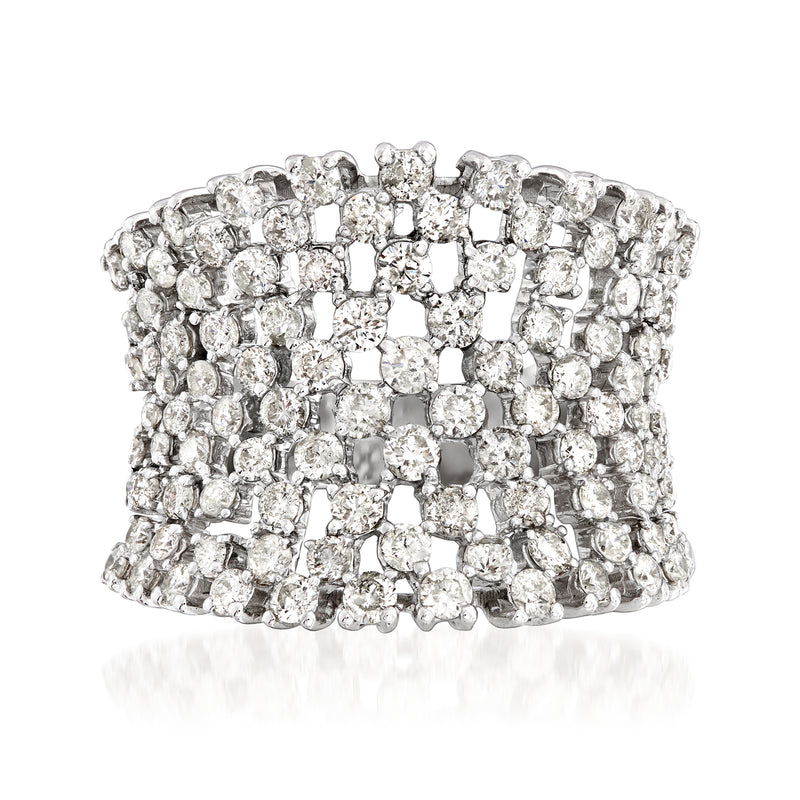 Wide concave diamond ring in 18kt white gold with round pave stones