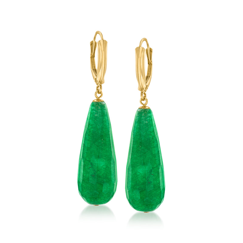 Green quartz drop earrings, yellow gold leverback, teardrop stones