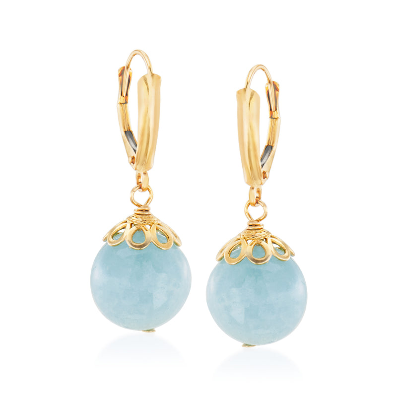 14kt yellow gold leverback drop earrings with light blue aquamarine bead and ornate cap