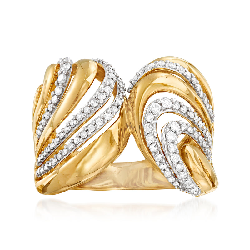 14kt yellow gold double-wave diamond ring with round stones, curved band