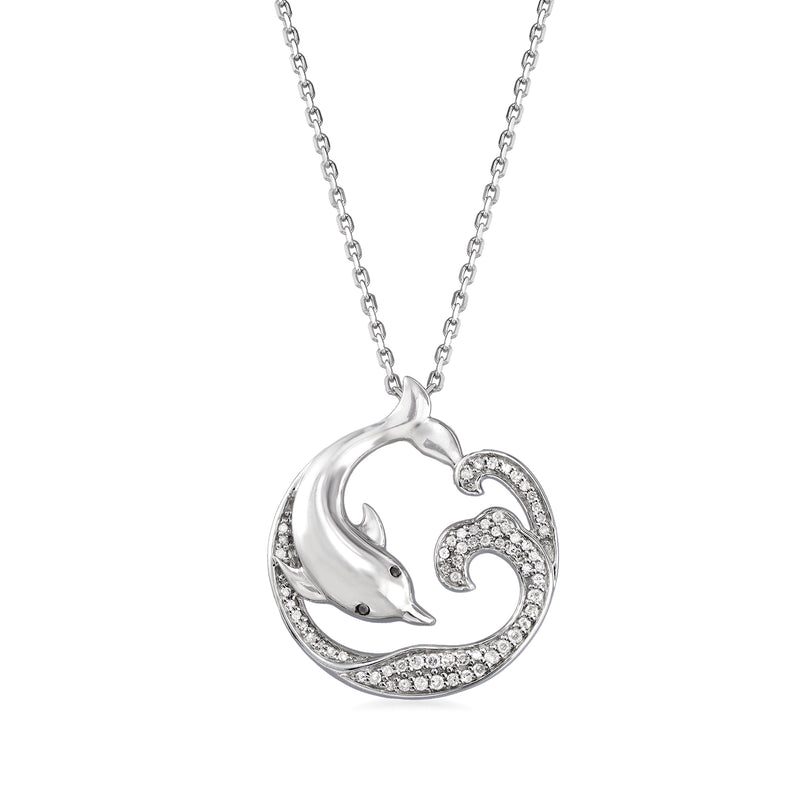 Sterling silver dolphin diamond pendant necklace with curved diamond-encrusted frame