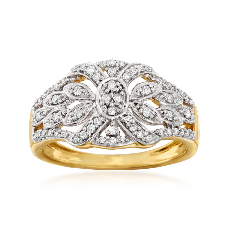 Vintage-style diamond ring in 18kt gold over sterling with floral leaf design