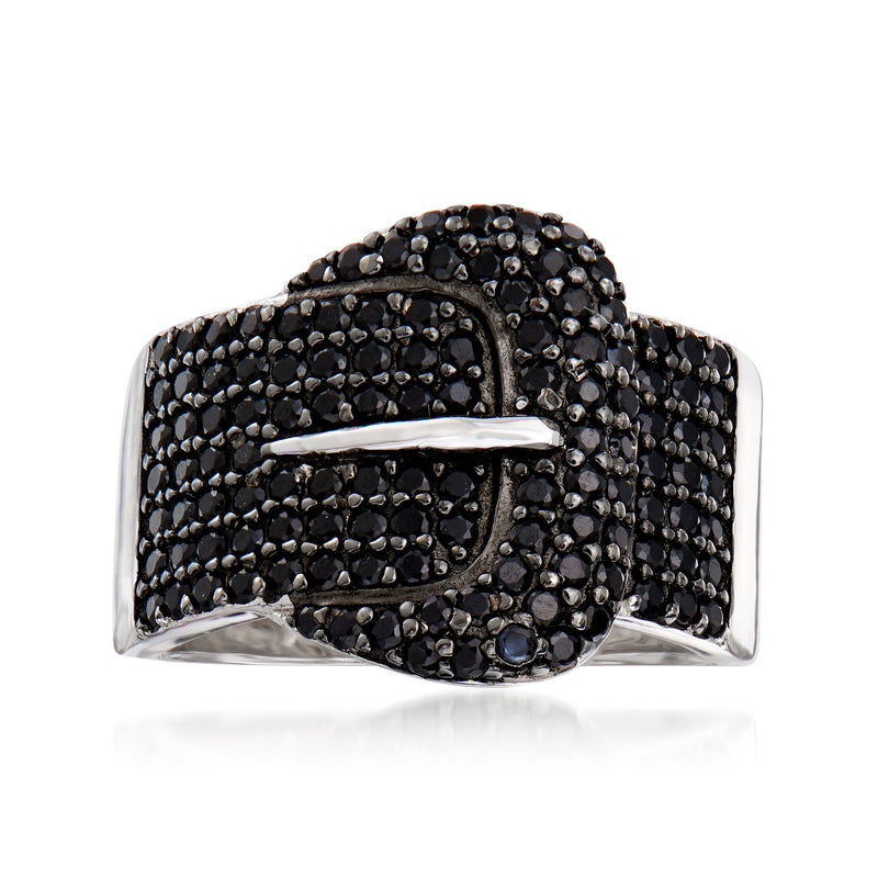 Black spinel ring in sterling silver with wide pavé band and buckle design