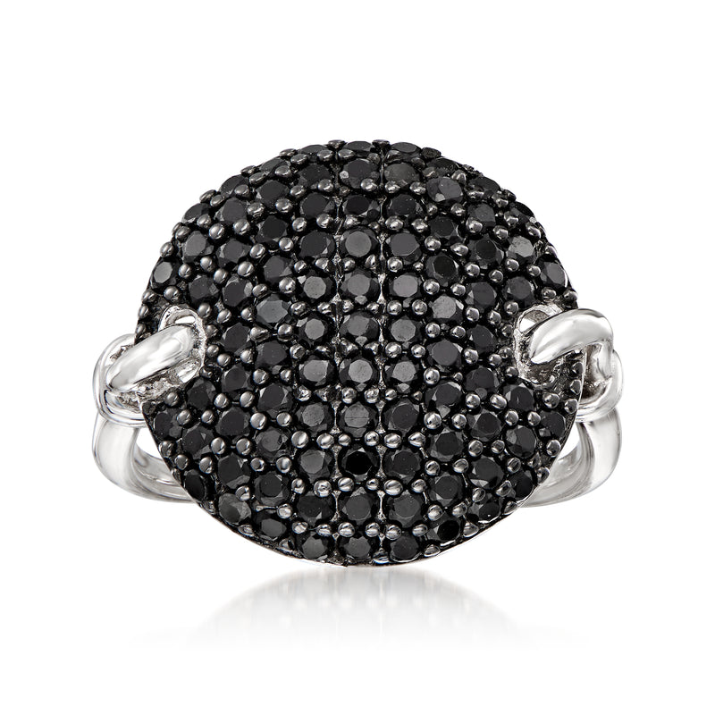 Black spinel pavé ring in sterling silver with a domed front