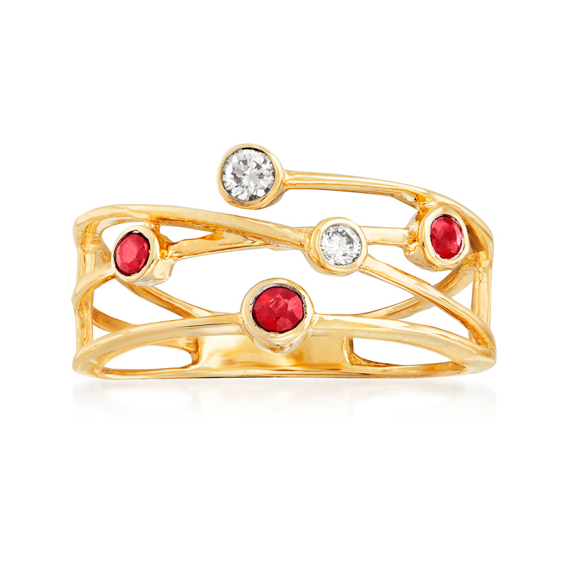 14kt yellow gold highway ring with rubies and round white diamonds