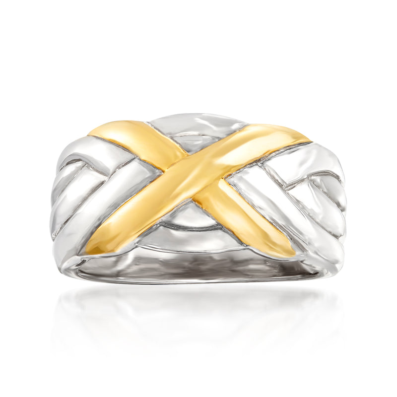 Two-tone X-style ring in polished sterling silver with 18kt gold overlay, domed band