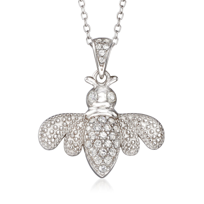 Sterling silver bee pendant necklace with round white gemstone clusters