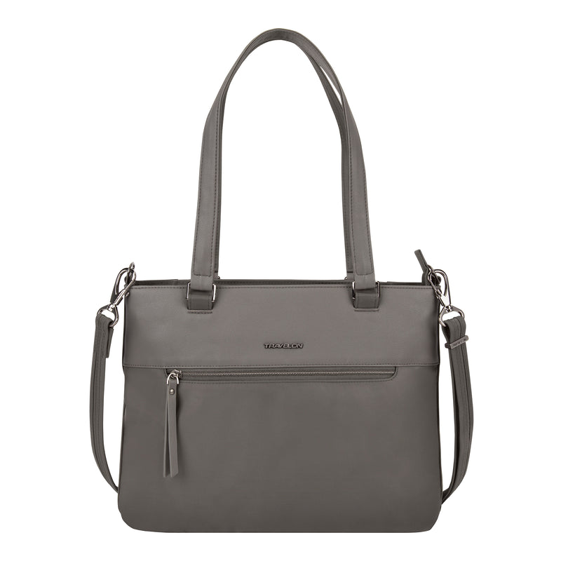 Anti-theft Addison tote bag in dark brown, two top handles, front zipper pocket