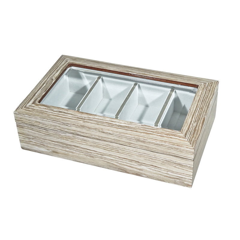 Gray and taupe wooden eyeglass box with clear glass top window
