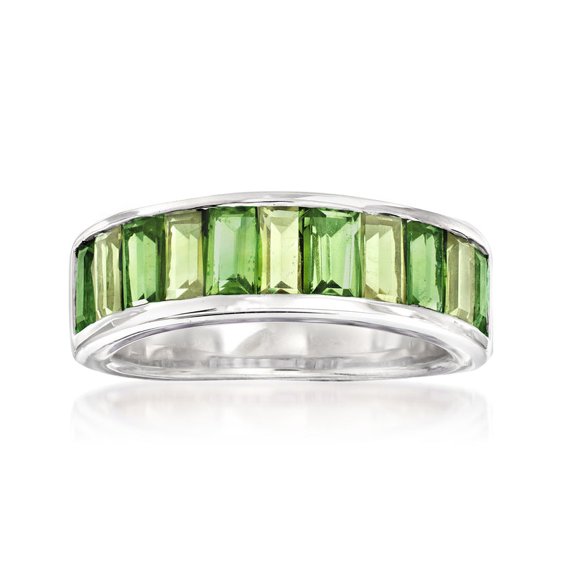 Sterling silver ring with green step-cut gemstones across the band