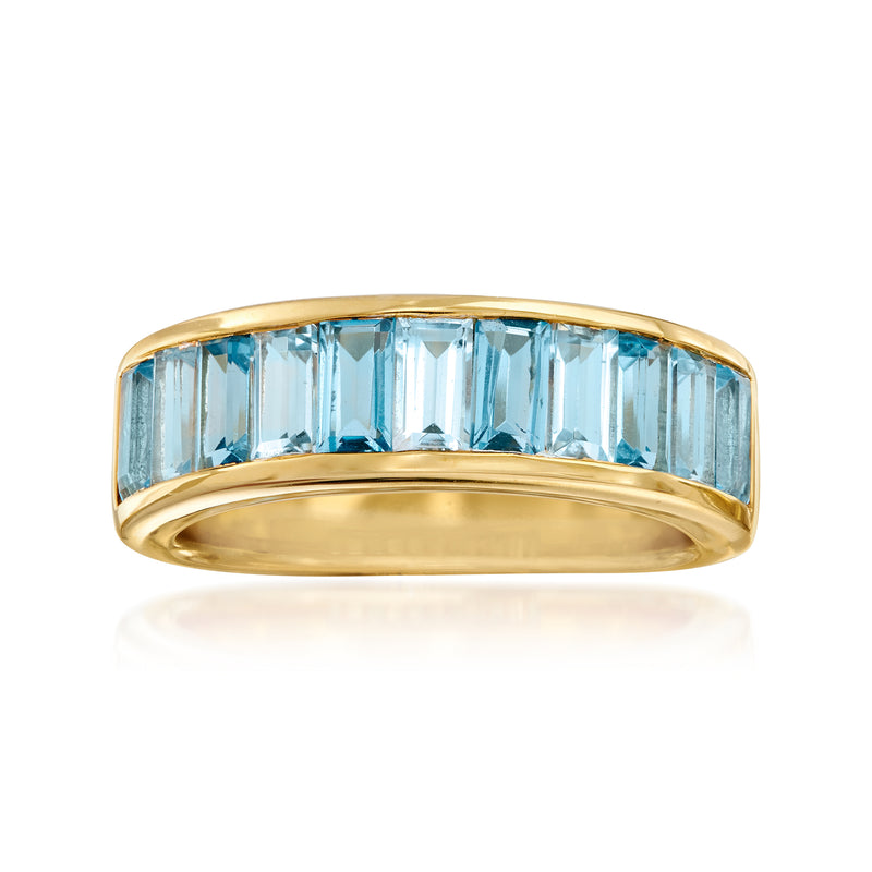 18kt gold over sterling ring with wide band and baguette-cut sky blue topaz