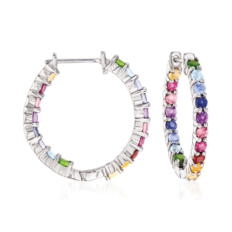 Sterling silver hoop earrings with multi-color gemstone row and hinged clasp