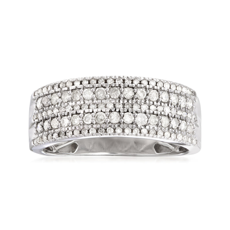 Sterling silver five-row diamond band ring with round stones, polished finish.