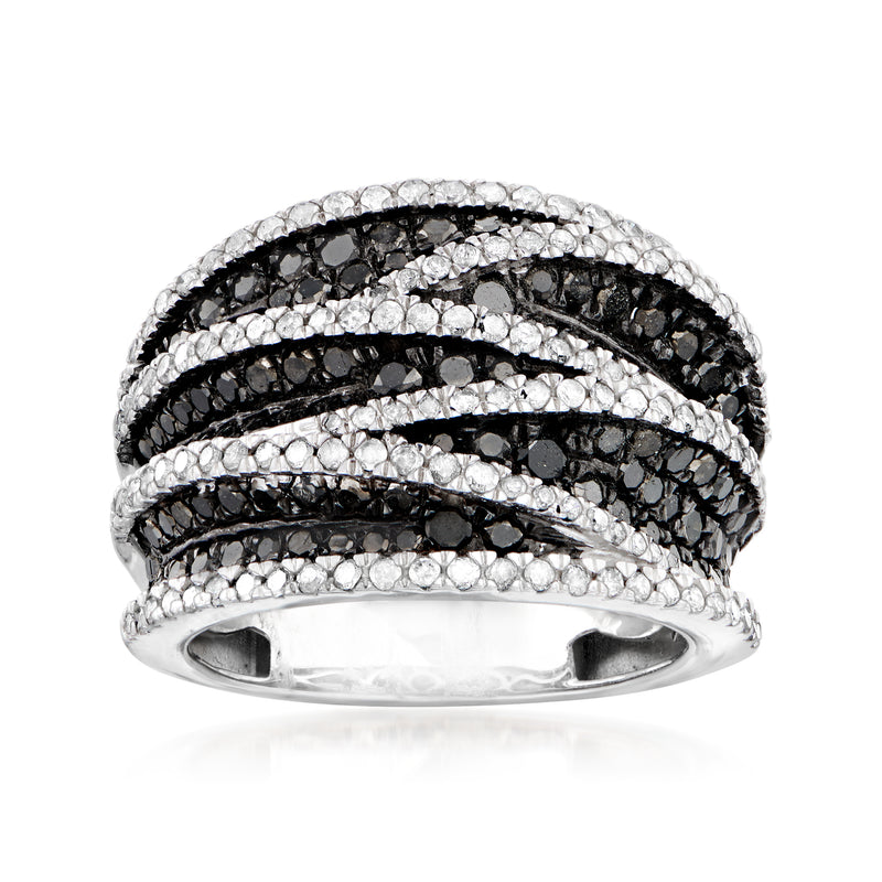 Crisscross black-and-white diamond ring in sterling silver, three-row band