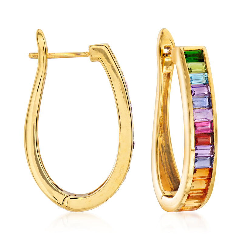Gold hoop earrings with multicolor gemstone row detail