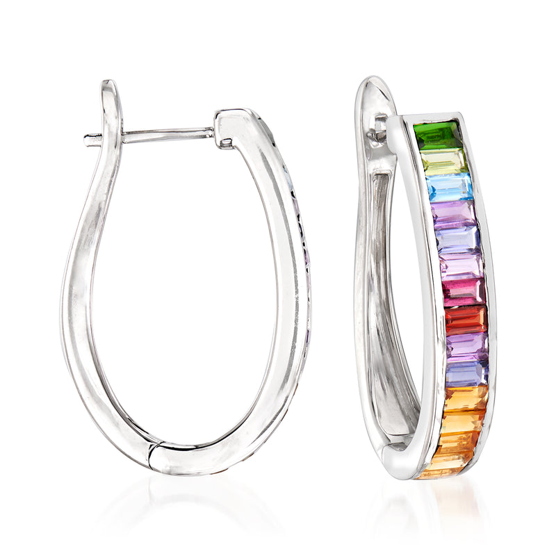 Sterling silver hoop earrings with rainbow multicolor gemstone accents