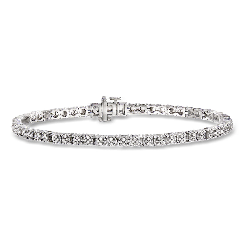 Sterling silver diamond tennis bracelet with round pave stones, box clasp