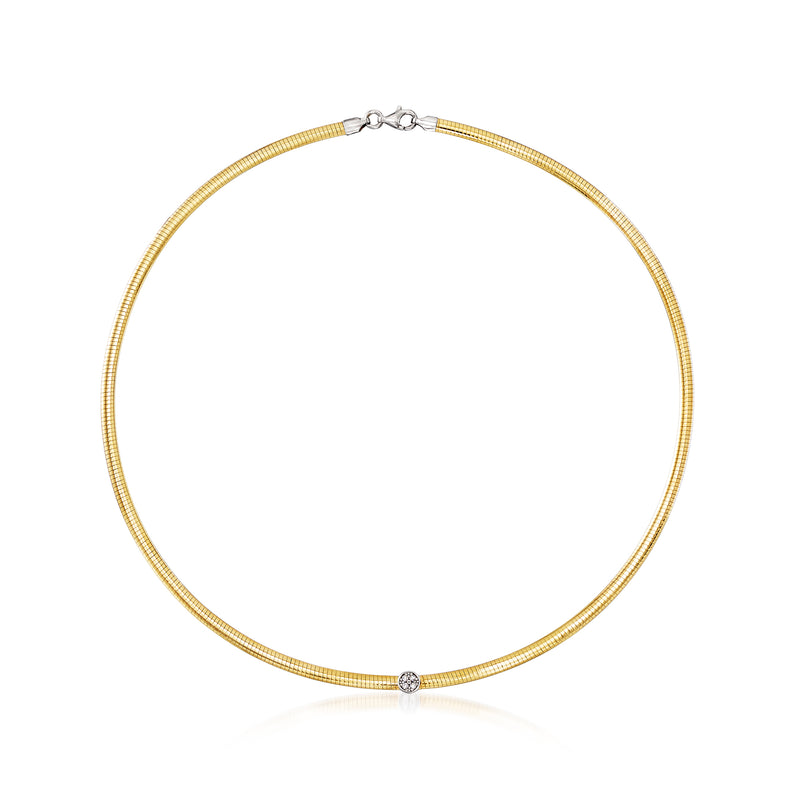 Two-tone omega necklace in gold tone with small round CZ, sterling silver clasp