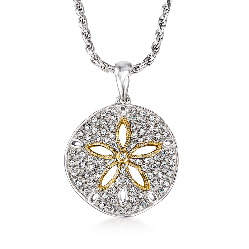 Sterling silver diamond sand dollar pendant necklace with 14kt yellow gold star